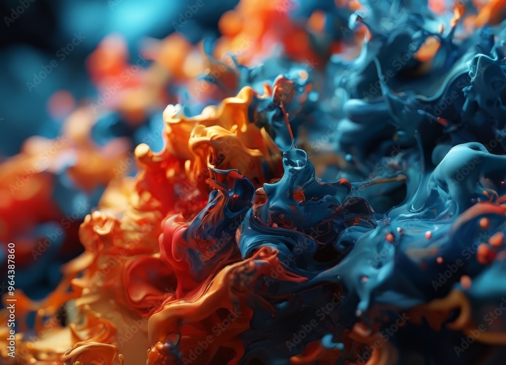 Poster a close-up of a vibrant abstract painting, featuring a mix of orange and blue hues. the colors are s
