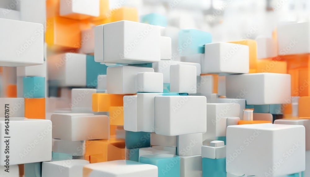 Poster a a complex arrangement of white cubes in various shades of orange and blue, creating a visually str