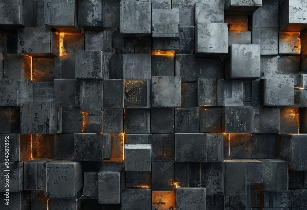 Poster a a dark, textured wall composed of numerous cubes, each with a small light source shining through, 