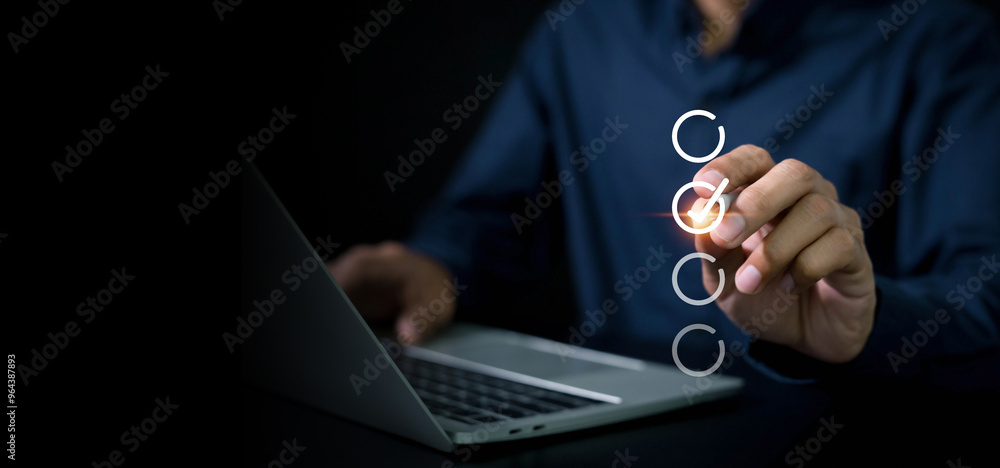 Poster business performance checklist, businessman using laptop to check checkboxes to approve documents in