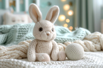 Obraz premium Interior of a children's room and toys, a stuffed bunny. Plush rabbit sitting.