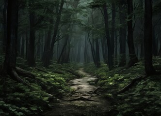 Obraz premium A winding path leads through a dense, dark forest, with tall trees and a thick layer of green foliage surrounding the trail.