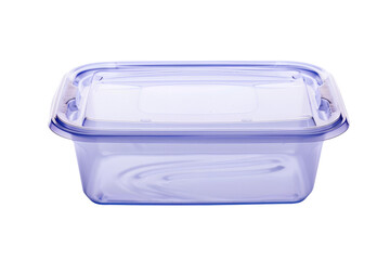 Empty plastic food storage container on white background.