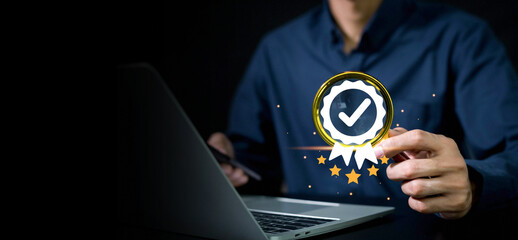 Standards quality assurance control Businessman touch on virtual correct sign with document icon...
