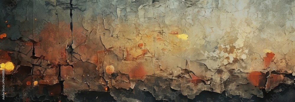 Poster a textured, cracked wall with a mix of warm and cool colors, creating a sense of depth and movement.