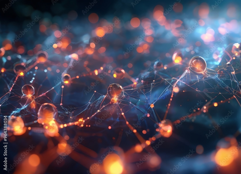 Poster digital illustration of a network of interconnected nodes and lines, with a vibrant color palette of