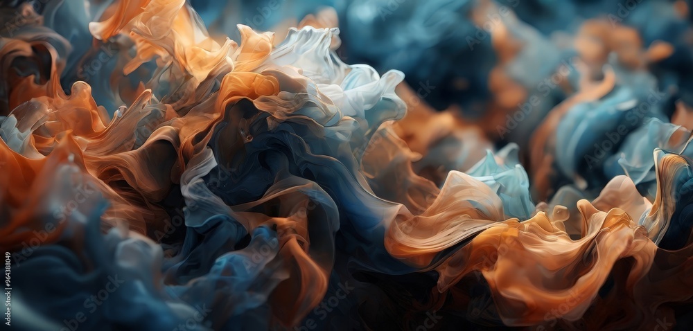 Poster a close-up of abstract, swirling patterns in shades of orange and blue, creating a sense of movement