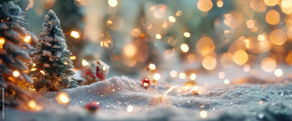 Aufkleber a snowy landscape with a small christmas tree in the foreground, surrounded by twinkling lights and 