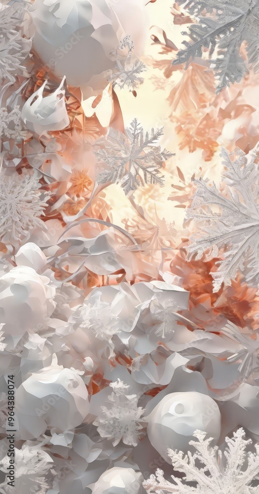 Poster vibrant and abstract composition of white and peach-colored flowers and snowflakes, creating a visua