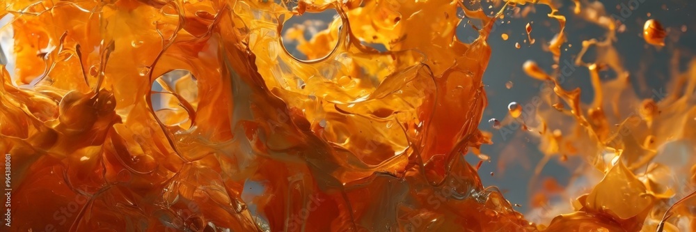 Poster a dynamic scene of orange and yellow liquid swirling and splashing against a dark background, creati