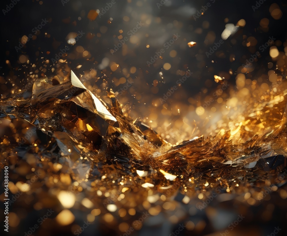 Poster a chaotic and dynamic scene of a gold-colored explosion, with shards and fragments scattered through