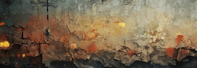 Obraz premium a textured, cracked wall with a mix of warm and cool colors, creating a sense of depth and movement. The background is blurred, drawing focus to the wall and its intricate patterns.