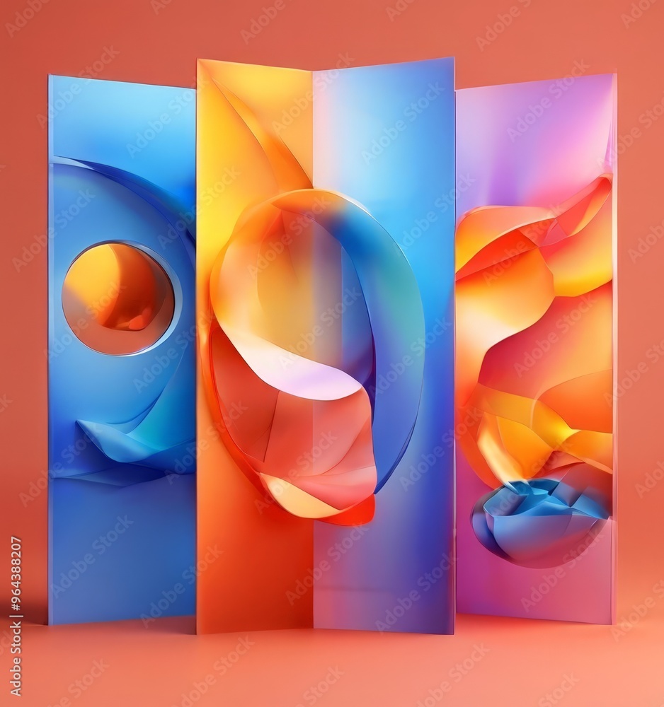 Poster three panels of abstract art, each with a unique design and color scheme, set against a vibrant oran
