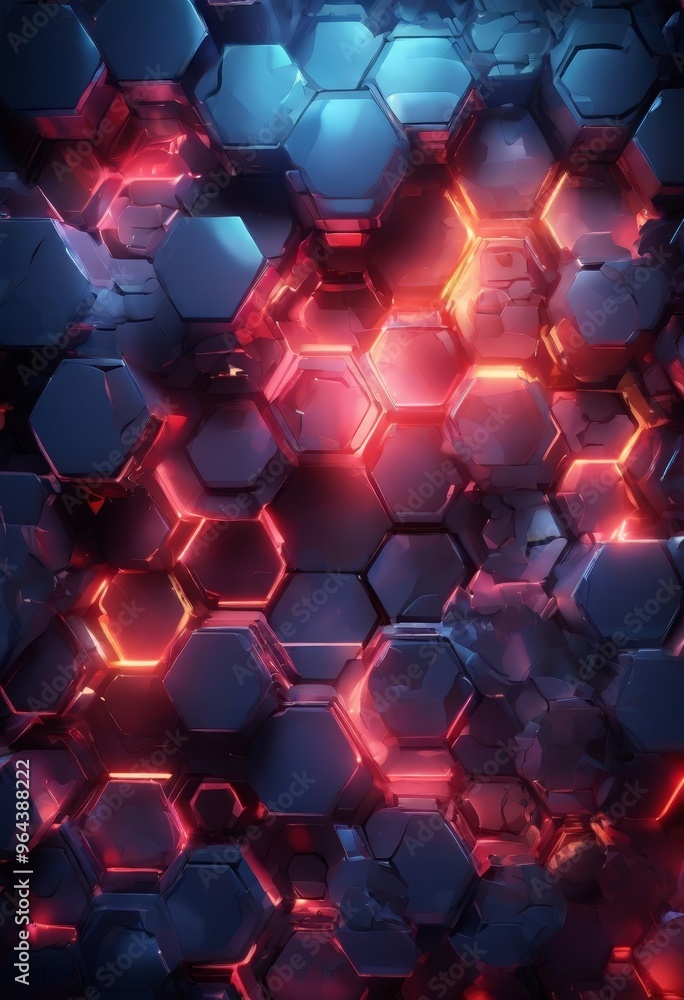 Aufkleber digital illustration of a hexagonal pattern composed of various shades of blue and red, with some ar