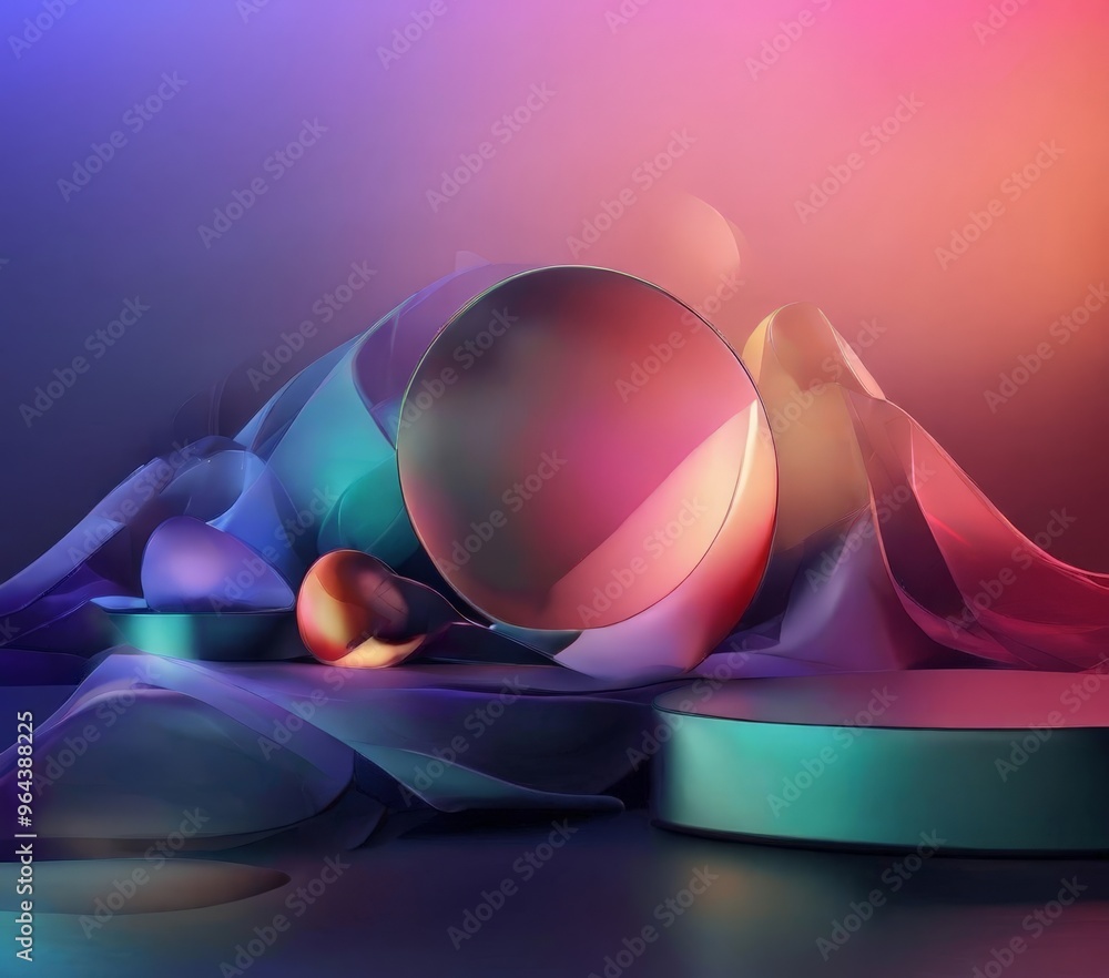 Poster surrealistic scene with a large, round, metallic sphere in the center, surrounded by smaller spheres