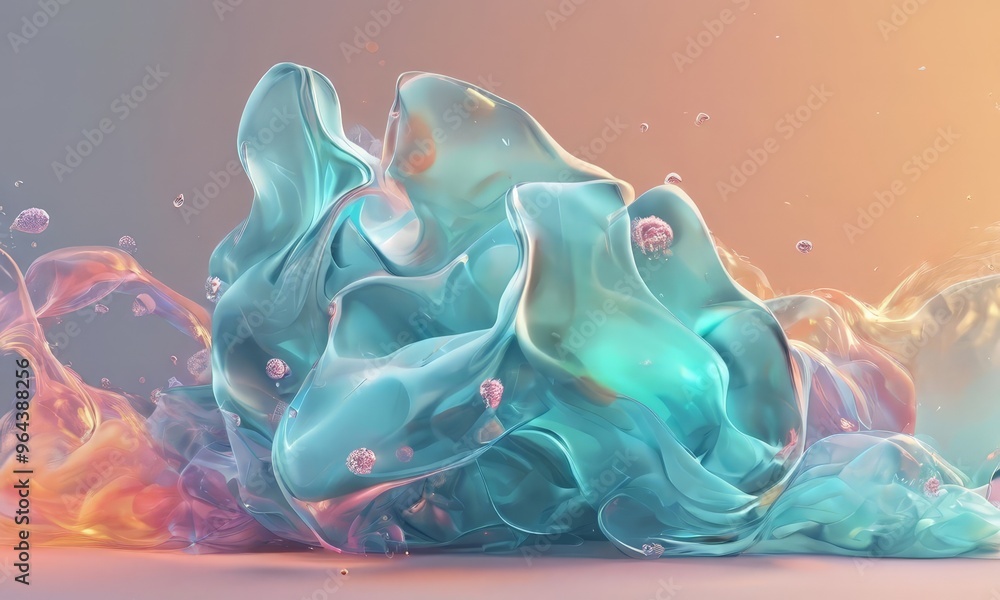 Poster a surreal, abstract scene with a large, ethereal blue object surrounded by smaller, floating bubbles