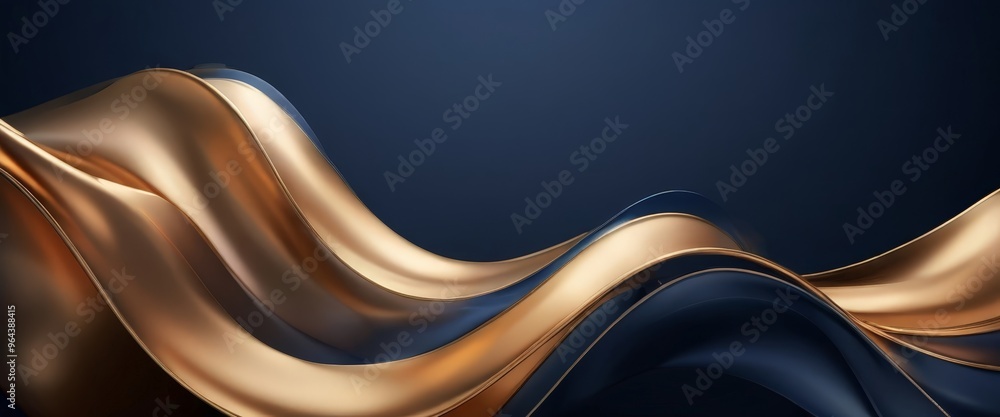 Poster dynamic abstract composition of gold and blue waves, with the gold waves curving and overlapping the
