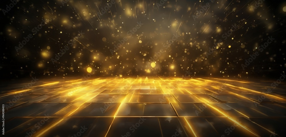 Poster futuristic, abstract scene with a grid-like pattern of glowing, reflective tiles in shades of gold a