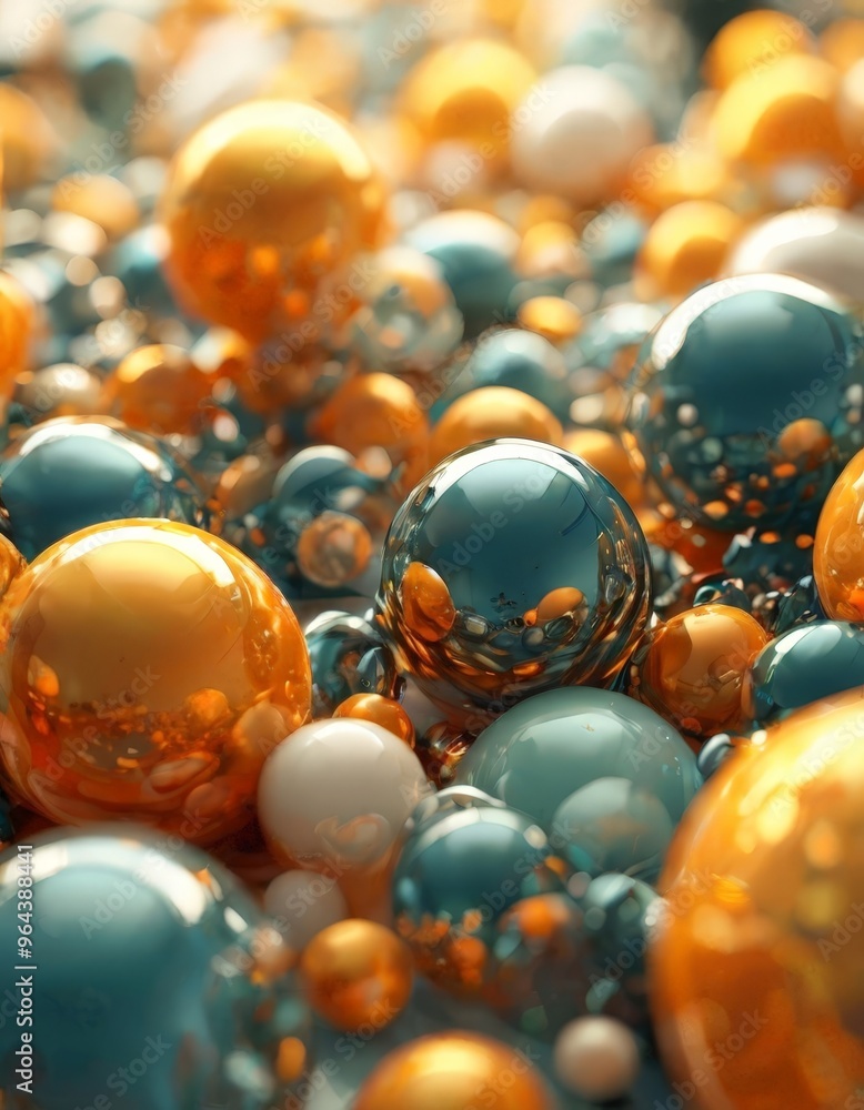 Poster a close-up view of a collection of spherical objects in various shades of orange, blue, and white, c
