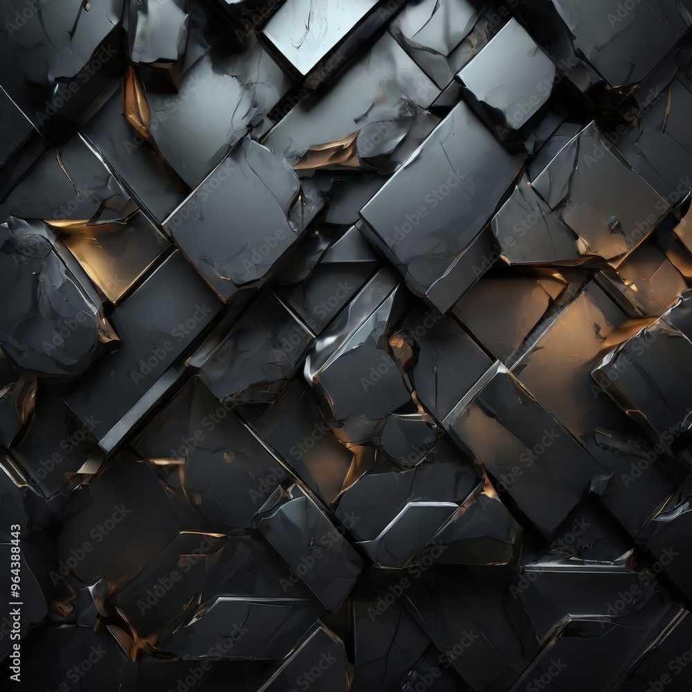 Poster a close-up view of a dark, cracked surface composed of numerous small, square-shaped blocks arranged