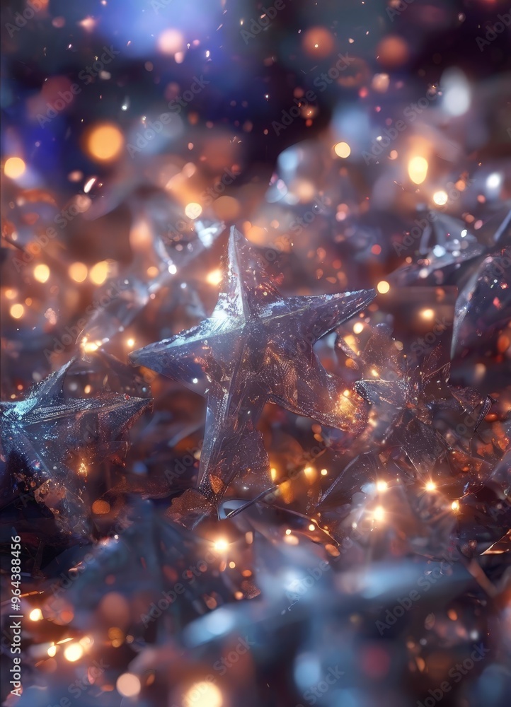 Poster close-up view of a collection of small, clear, star-shaped objects, with a warm, glowing light emana