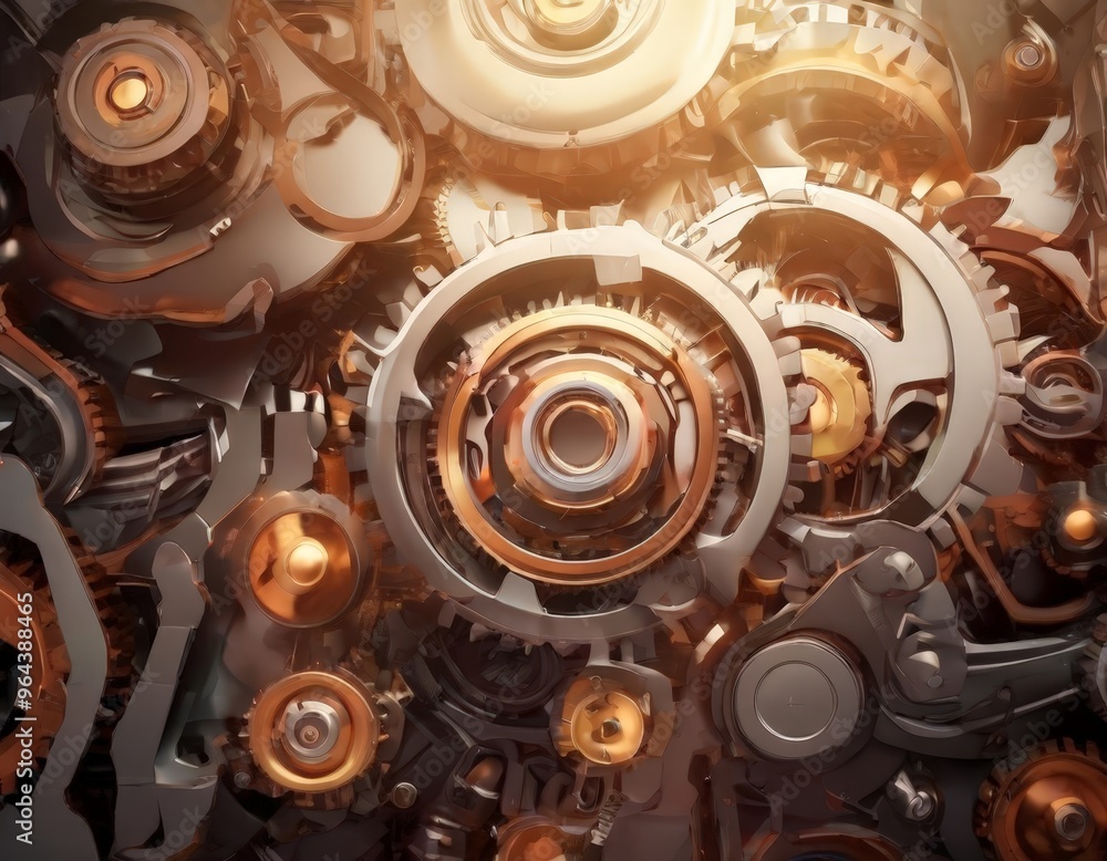 Poster a close-up view of a complex mechanical system composed of various gears, cogs, and other components