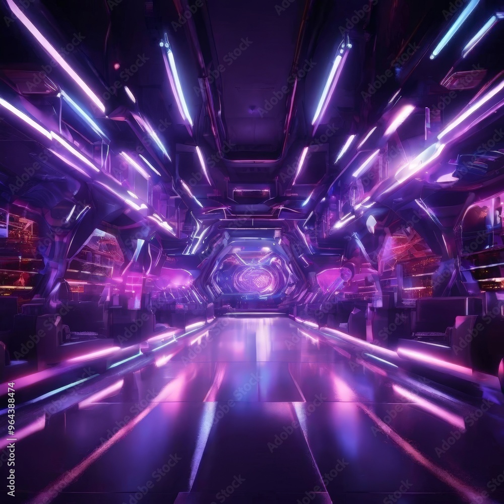 Poster a futuristic, neon-lit corridor with a curved ceiling and a large circular light at the end, creatin
