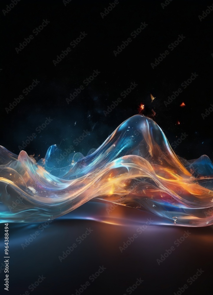 Poster a swirling, ethereal landscape with a mountain-like structure in the center, surrounded by a vibrant