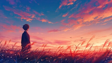 Anime Boy Standing Alone Watching a Tranquil Sunset Scene