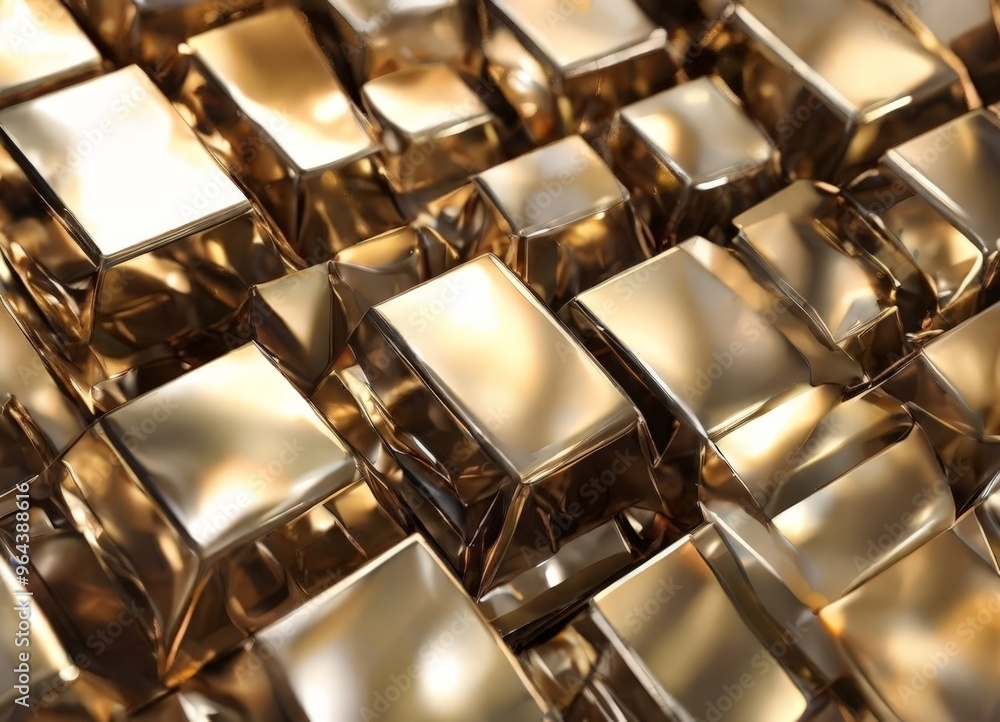 Poster a close-up view of a collection of shiny, metallic cubes in varying shades of gold, arranged in a gr