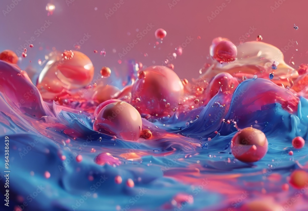 Poster a vibrant, abstract scene with a multitude of pink and blue spheres and bubbles, creating a dynamic 