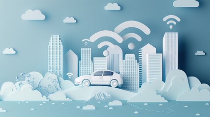 Obraz premium Social networking city and town with automation car on the world symbols moving from buildings to cloud using wifi. Vector illustration, penology, communication, generation, modern, generate by AI