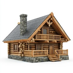 Photorealistic Log Cabin Chalet House - 3D Render on White Background