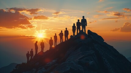 Fototapeta premium Silhouette of team stand and feel happy on the most hight at the mountain on sunset, success, leader, teamwork, target, Aim, confident, achievement, goal, on plan, finish, generate by AI.