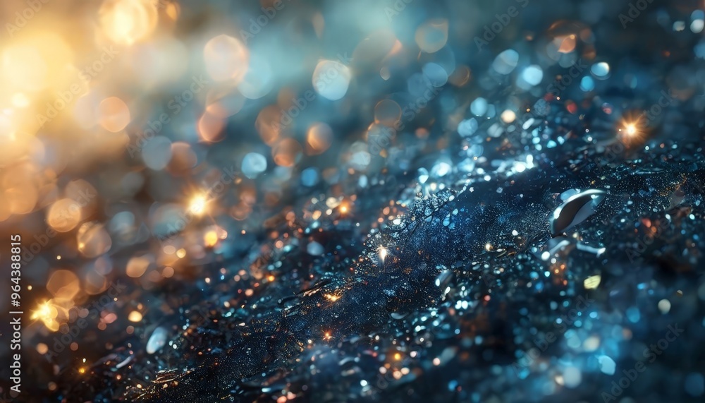 Poster a close-up of a textured surface with a variety of small, colorful lights and reflections, creating 