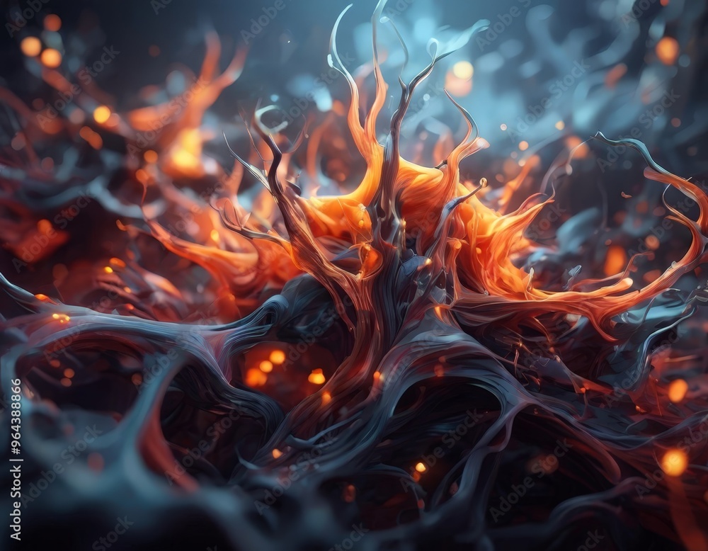 Poster a digital artwork depicting a complex, abstract pattern of swirling, fiery orange and red shapes, cr