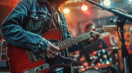 Live music performance with an electric guitar player in a denim jacket on stage, focused on strumming a vibrant red electric guitar with a band in the background