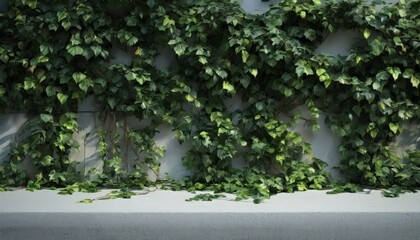 A lush green ivy plant climbs up a white wall, creating a natural and serene backdrop.