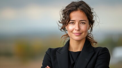 A young woman with a confident smile, dressed in a black blazer, standing outdoors with a blurred natural background, exuding confidence and poise