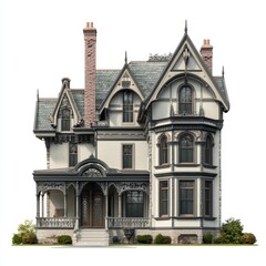 Photorealistic Modern Victorian Mansion 3D Render - Isolated on White Background