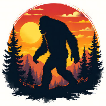 Vintage sunset vector t-shirt design bigfoot silhouette on  isolated white background