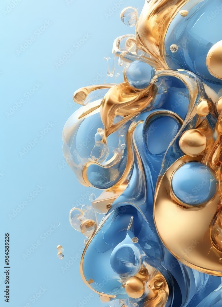 Poster vibrant abstract composition of blue and gold spheres, with some appearing to be floating in a liqui
