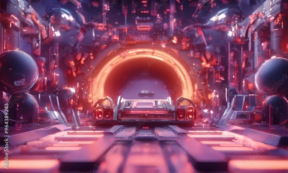 Poster a futuristic, high-tech environment with a sleek, red vehicle at the center, surrounded by a complex