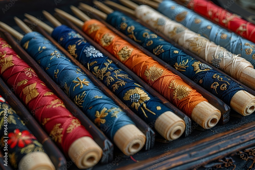 Poster a group of spools of thread.