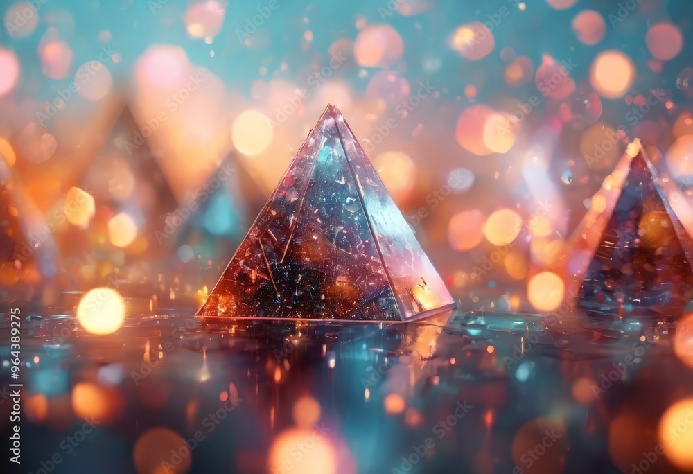 Poster a close-up of a triangular prism with a reflective surface, surrounded by a blurred background of co