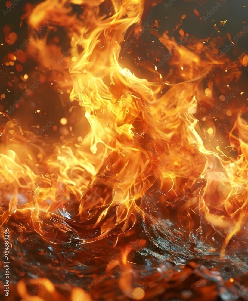 Aufkleber a close-up view of a large, intense fire with flames and sparks, creating a dynamic and visual.