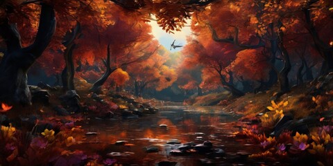 A digital painting of a serene autumn forest scene, featuring a stream, trees with vibrant orange and red foliage, and a bird flying overhead.