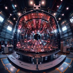 A futuristic laboratory with advanced and intricately lit circular machinery defining a sophisticated scientific experiment setup in a high-tech environment