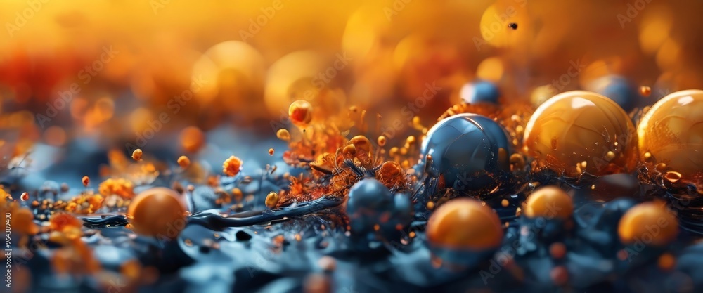 Poster a close-up view of a collection of spherical objects, including blue and orange spheres, scattered a