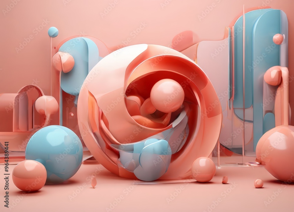 Poster surrealistic scene, featuring a large, abstract sphere composed of numerous smaller spheres in shades of pink and blue, surrounded by a collection of similar spheres in various sizes and colors.